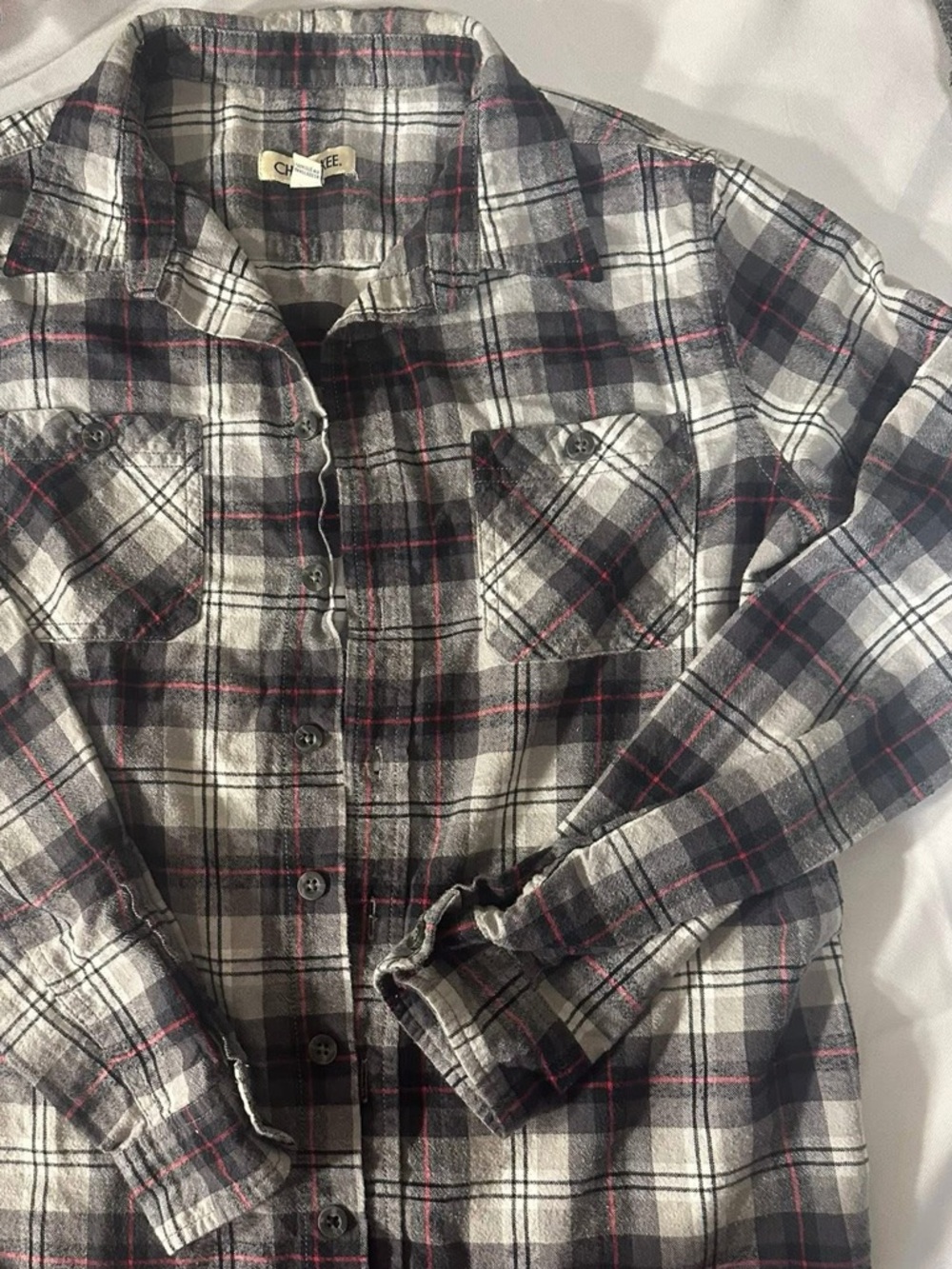Cherokee Gray, Black & Red‎ Plaid Button-Up Shirt